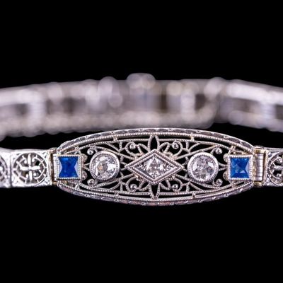 Sale Photo Thumbnail #644: 14k White Gold Diamond & Sapphire Antique Bracelet