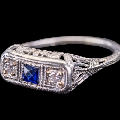 Sale Photo Thumbnail #632: Vintage 18k White Gold Three Stone Art Deco Ring