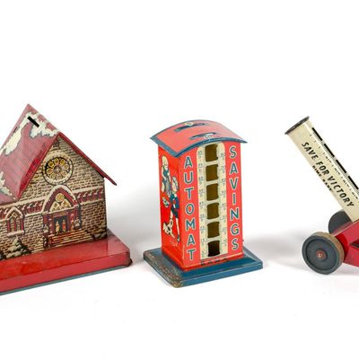 Sale Photo Thumbnail #295: 3 Vintage Tin Litho Coin Banks incl U.S. Metal Toy MFG. Co.