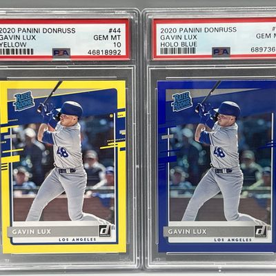 2020 Panin Donruss Gavin Lux Yellow RC #44 PSA Gem Mint 10 & 2020 Panini Donruss Holo Blue RC #44 PSA Gem Mint 10