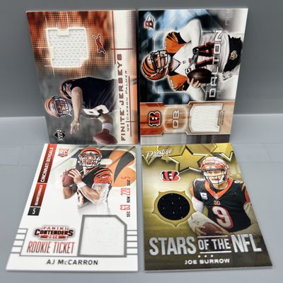 (4) Assorted Cincinnati Bengals Quarterback Relic Cards - Joe Burrow, Carson Palmer, Andy Dalton, AJ McCarron