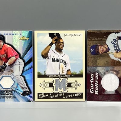 (3) Assorted Baseball Star Player Game Used Patch Cards - Jeff Bagwell, Adrian Beltre, & Carlos Beltran