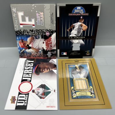 (4) Assorted Baseball Game Used Relic Cards - Jim Thome, C.C. Sabathia, Kenny Lofton, & Fausto Carmona