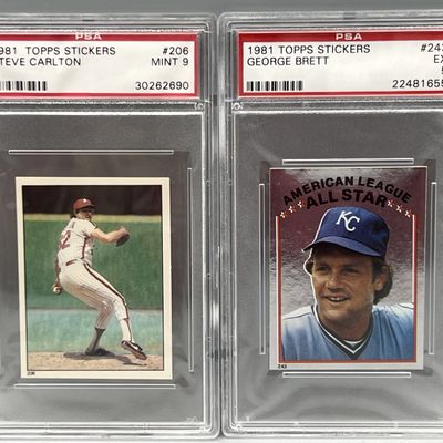 1981 Topps Stickers Steve Carlton #206 PSA Mint 9 & George Brett Sticker #243 PSA EX 5