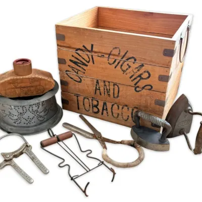 Vintage candy cigar tobacco crate miniature irons more