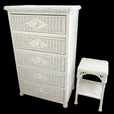 White wicker 5 drawer dresser side table