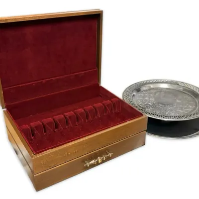Wooden silverware box silver plated serving platters