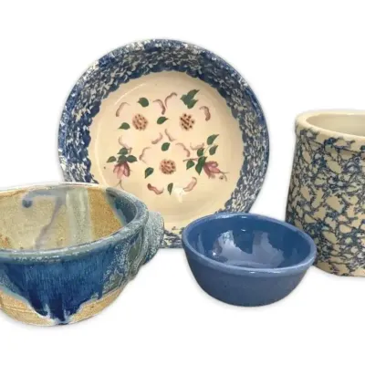 Blue spongeware ceramic crock bowl more