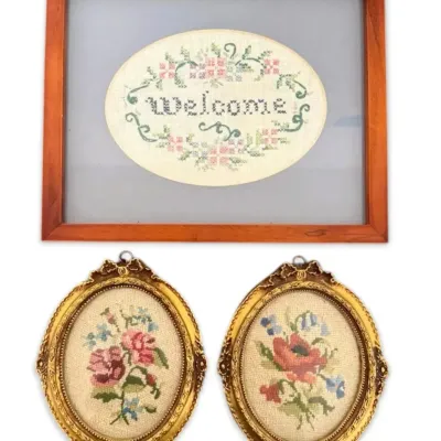 Framed cross stitch welcome sign florals