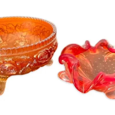 Imperial carnival glass marigold lustre rose footed bowl more