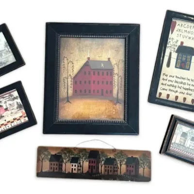 Framed primitive house pictures
