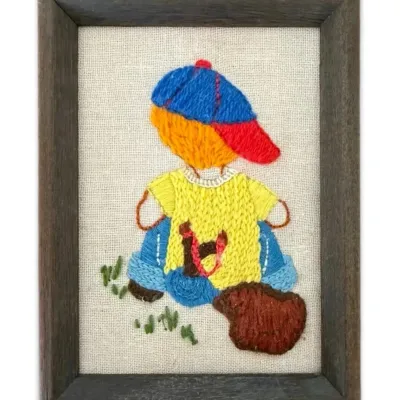 Vintage butch framed crewel 6 x8