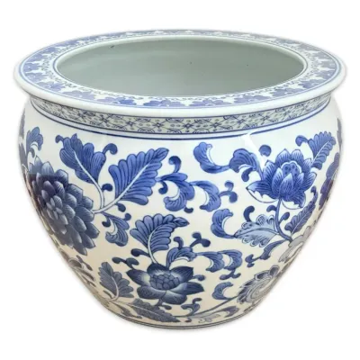 Blue white porcelain fishbowl planter