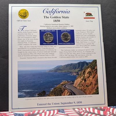 2005-P&D California Statehood Quarter Set in Info Display Card w/ Comme Stamps