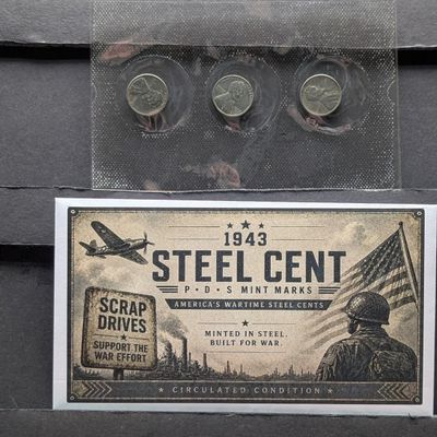 1943 P, D, & S Steel Lincoln Wheat Cent Mint Mark Collection In Minted in Steel Built For War Display