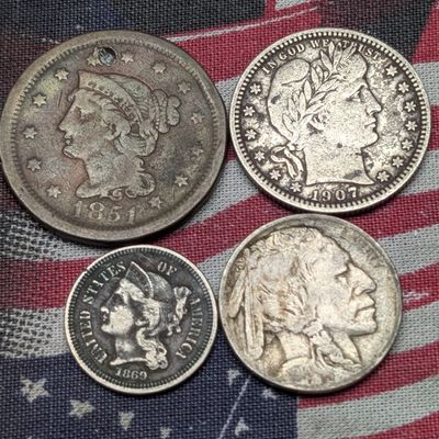1907 Barber 90% Silver Quarter, 1914 Buffalo Nickel, 1869 Three Cent Nickel, 1851 Large Cent Holed Plugged