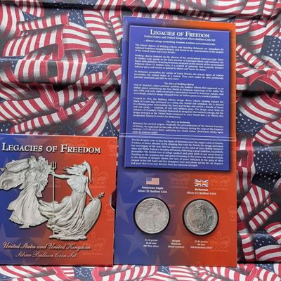 2003 U.S. American Silver Eagle One Troy Oz. .999 Fine Silver and United Kingdom 1 Oz. 95.8% Silver Bullion Set in Legacies of Freedom...