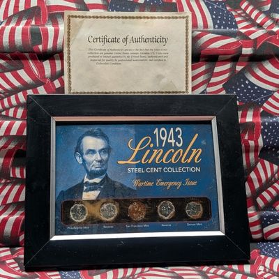 1943 Lincoln Steel Wartime Emergency Issue Wheat Cent Collection In Display Frame w/ COA