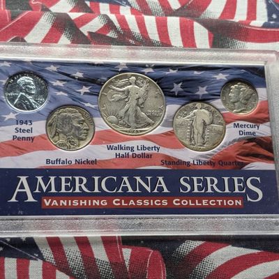 1943-D Walking Liberty Half Dollar, 1928 Seated Liberty Quarter, 1944 Mercury Dime, 1943-D Lincoln Steel Wheat Cent, & 1936 Buffalo...