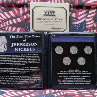 Sale Photo Thumbnail #164: 1938-1942 First Commemorative Mint The First 5 Years of Jefferson Nickel Collection Book w/COA - Includes (1) 35% Silver War Nickel
