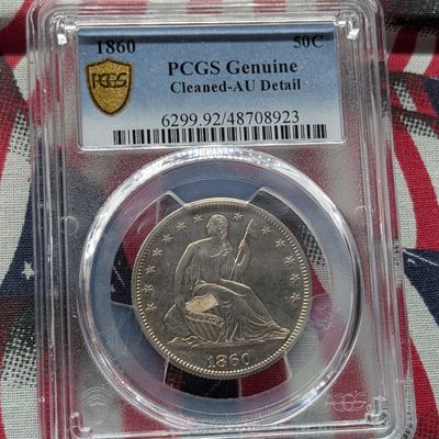 Sale Photo Thumbnail #176: 1860 Seated Liberty 90% Silver Half Dollar PCGS Genuine Cleaned w/ AU Details