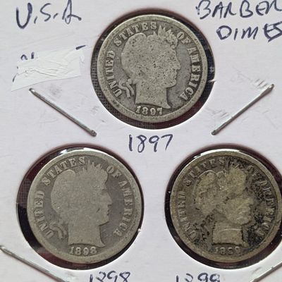 Sale Photo Thumbnail #111: 1897, 1898, & 1899 Barber 90% Silver Dimes - Better Pre-1900 Dates!
