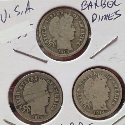 Sale Photo Thumbnail #61: 1914, 1914-D, & 1914-S Barber 90% Silver Dimes - Complete Year Set!