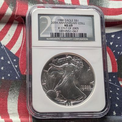Sale Photo Thumbnail #207: 1988 American Silver Eagle One Troy Oz. .999 Fine Silver NGC MS69 - 20th Anniversery Collection