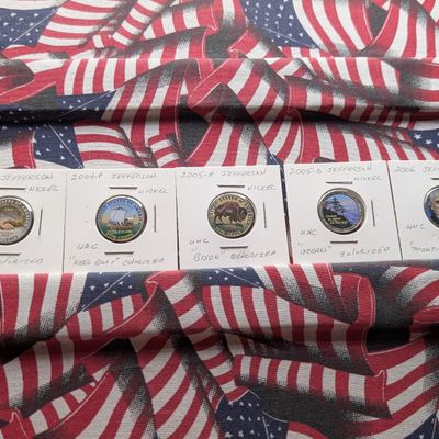Sale Photo Thumbnail #220: 2004-P Peace, 2004-P Keel Boat, 2005-P Bison, 2005-D Ocean, and 2006-D Monticello Colorized Jefferson Nickels