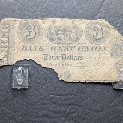 Sale Photo Thumbnail #110: 1830s Bank of West Union Ohio Partial $3 Note