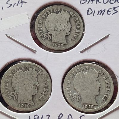 Sale Photo Thumbnail #213: 1912, 1912-D, & 1912-S Barber 90% Silver Dimes - Complete Year Set!