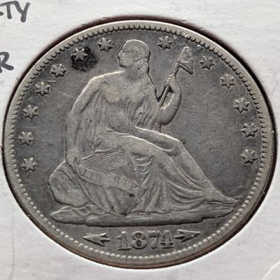 Sale Photo Thumbnail #127: 1874 w/ Arrows Seated Liberty 90% Silver Half Dollar - Tough Grade, Nice Type Coin