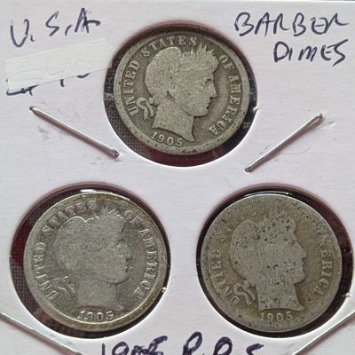 Sale Photo Thumbnail #163: 1905, 1905-O, & 1905-S Barber 90% Silver Dimes - Complete Year Set!