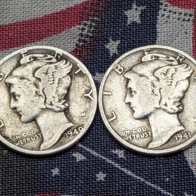 Sale Photo Thumbnail #157: 1940 & 1941 Mercury 90% Silver Dimes, WWII Era, Over 80 Years Old!