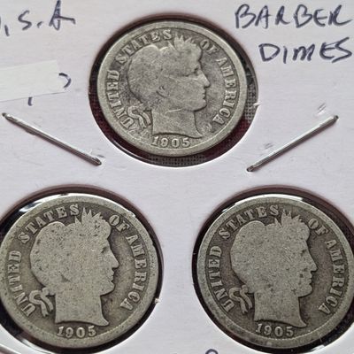 Sale Photo Thumbnail #11: 1905, 1905-O, & 1905-S Barber 90% Silver Dimes - Complete Year Set!