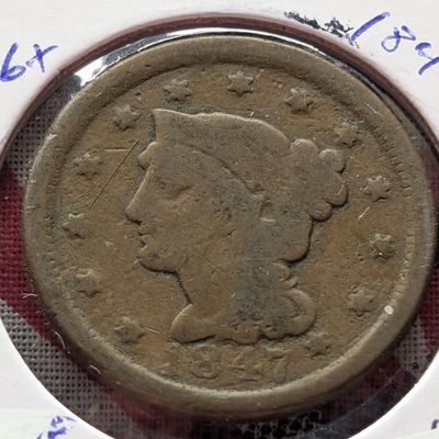 Sale Photo Thumbnail #51: 1847 Braided Hair Large Cent - 179 Years Old! - Modified Reverse