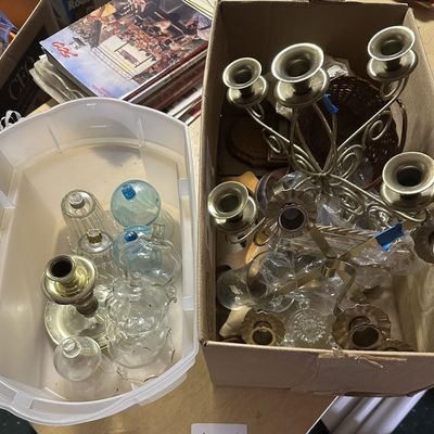 Sale Photo Thumbnail #103: Brass Candelabras & Glass Votives Lot