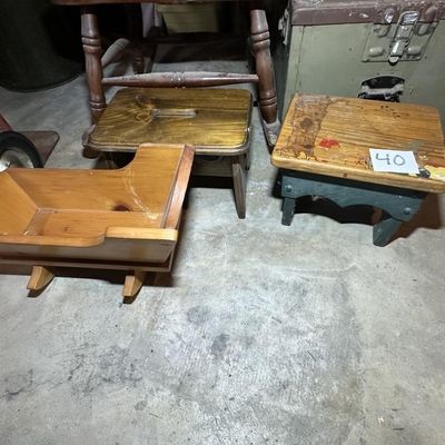 Sale Photo Thumbnail #38: Lot of Wooden Stools and Cradle