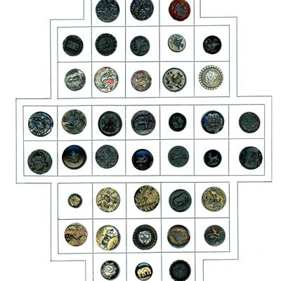 Sale Photo Thumbnail #137: A CARD OF DIVISION ONE BLACK GLASS PICTORIAL BUTTONS