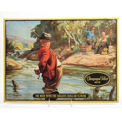 Sale Photo Thumbnail #365: Champagne Velvet 1940s Humorous Fishing Series Tin-Over-Cardboard Sign SMALL CATCH