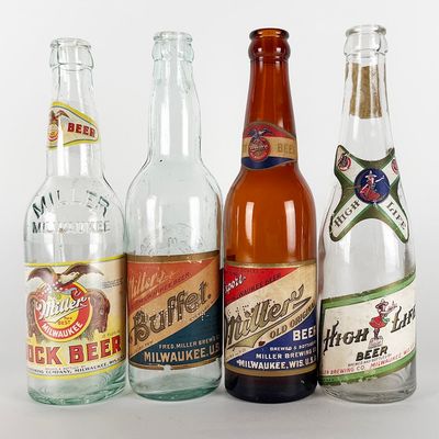 Sale Photo Thumbnail #443: Four Miller Labeled Bottles: Buffet, Bock, Old Original & High Life MILWAUKEE