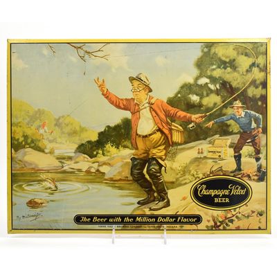 Sale Photo Thumbnail #364: Champagne Velvet 1940s Humorous Fishing Series Tin-Over-Cardboard Sign HUNG IN TREE