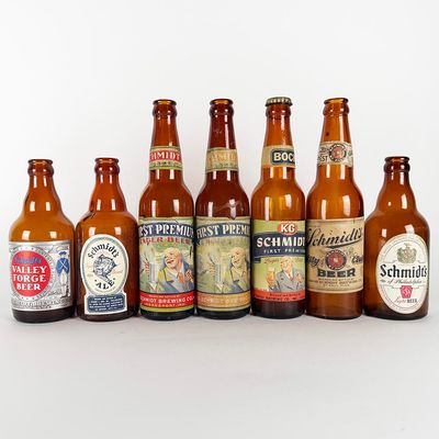 Sale Photo Thumbnail #450: Seven Schmidt & Scheidt Labeled Beer Bottles: First Premium, Valley Forge & More