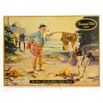 Sale Photo Thumbnail #363: Champagne Velvet 1940s Humorous Fishing Series Tin-Over-Cardboard Sign FELL IN