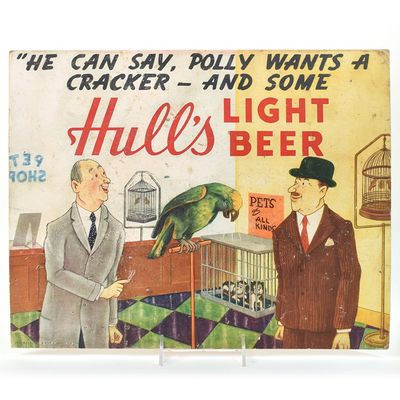 Sale Photo Thumbnail #370: Hulls Light Beer 1940s Cardboard Sign POLLY WANTS HULLS ULTRA RARE