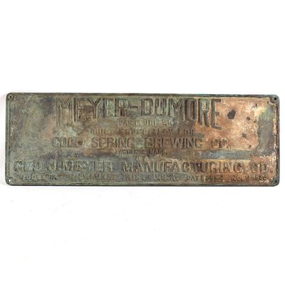 Sale Photo Thumbnail #366: Cold Spring Brewing Meyer Dumore Embossed Brass Pasteurizer Machine Plaque