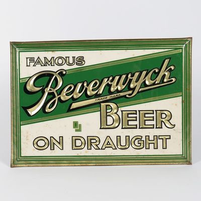 Sale Photo Thumbnail #360: Beverwyk Beer On Draught Debossed Tin Over Cardboard Sign