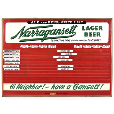Sale Photo Thumbnail #373: Narragansett Ale Beer Price List Tin Sign SCARCE EXCELLENT