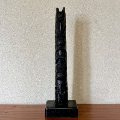 Sale Photo Thumbnail #60: BOMA CARVED BLACK STONE TOTEM POLE SCULPTURE
