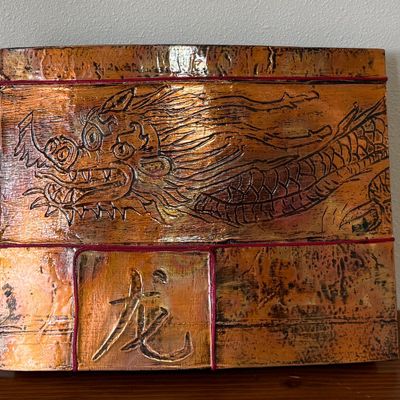 Sale Photo Thumbnail #43: CATHERINE FOSTER, "CHINESE DRAGON" EMBOSSSED COPPER ON WOOD BASE